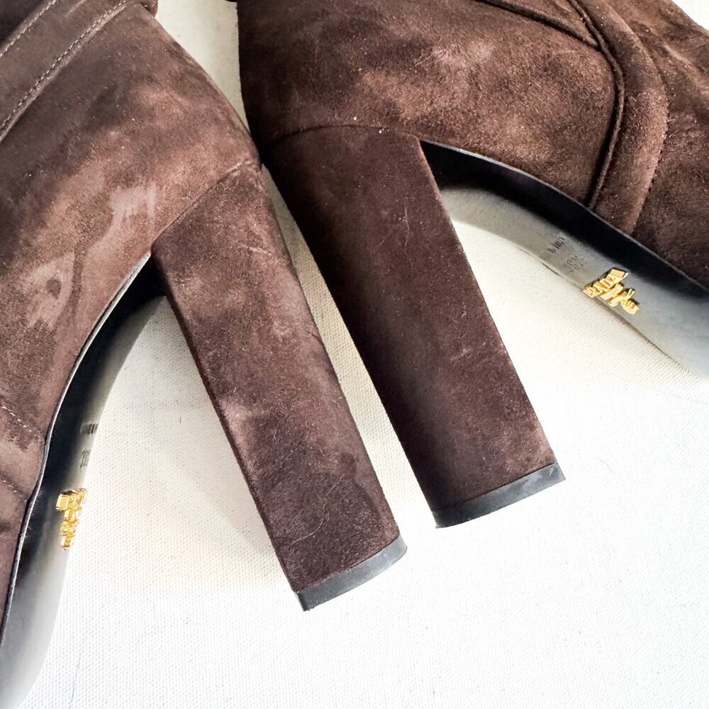 Prada Chocolate Brown Suede Classic Stacked Heel Booties 39.5 - Picture 6 of 11